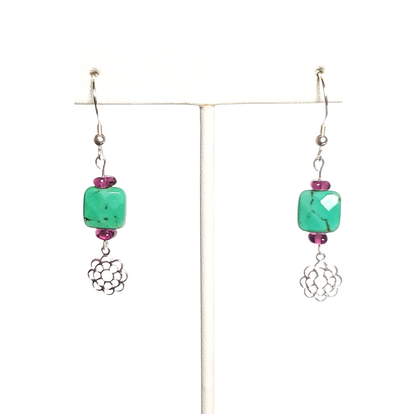 Green Variscite, Amethyst, and Flower Charm Earrings