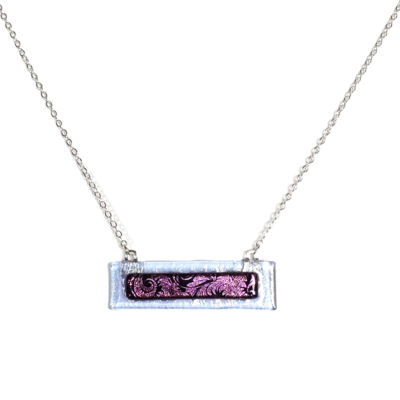 Dichroic purple flourish on transparent blue fused glass bar necklace