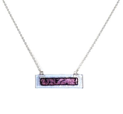 Dichroic Purple Flourish on Transparent Blue Fused Glass Bar Necklace