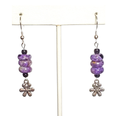 Purple charoite and flower charm earrings