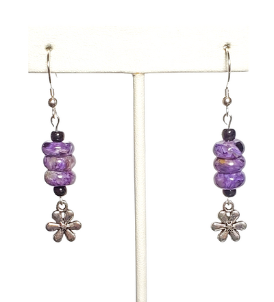Purple Charoite and Flower Charm Earrings