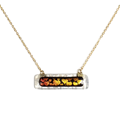 Dichroic hearts on white stringers and clear fused glass bar necklace
