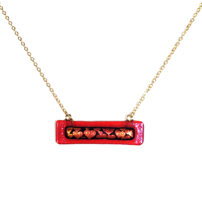 Dichroic hearts on transparent red fused glass bar necklace