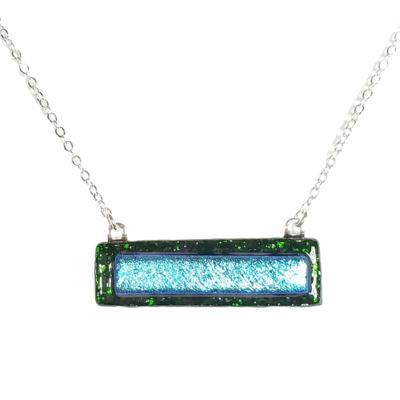 Dichroic blue on sparkle green fused glass bar necklace