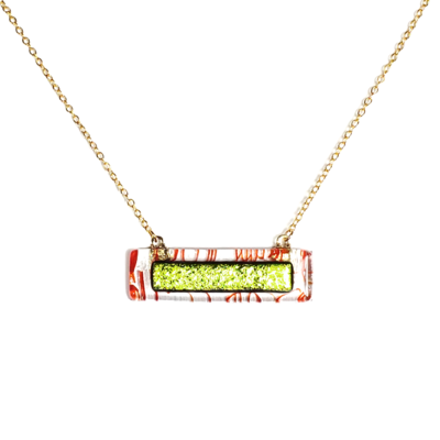 Lime dichroic on red stringers and clear fused glass bar necklace