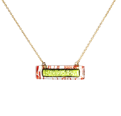Lime Dichroic on Red Stringers and Clear Fused Glass Bar Necklace