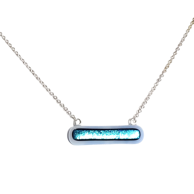 Blue dichroic on light blue fused glass bar necklace