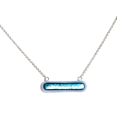 Blue Dichroic on Light Blue Fused Glass Bar Necklace