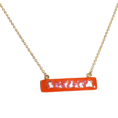 Dichroic iridescent shimmer on orange fused glass bar necklace