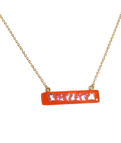 Dichroic Iridescent Shimmer on Orange Fused Glass Bar Necklace