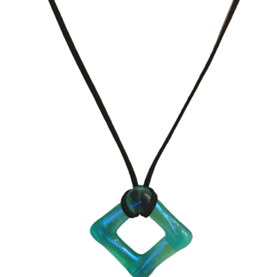 Light green and blue dichroic glass square pendant necklace