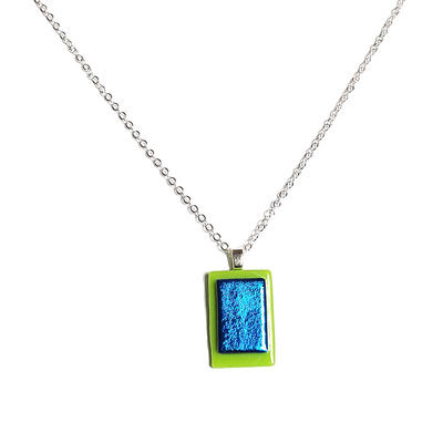 Dichroic blue on lime green fused glass pendant necklace - Thumbnail 2