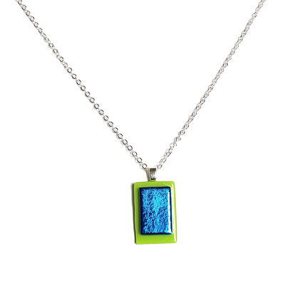 Dichroic Blue on Lime Green Fused Glass Pendant Necklace