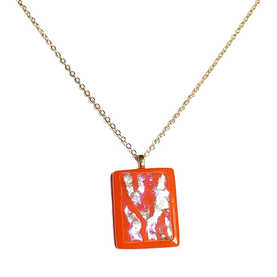 Dichroic iridescent shimmer on orange fused glass pendant necklace - Thumbnail 1