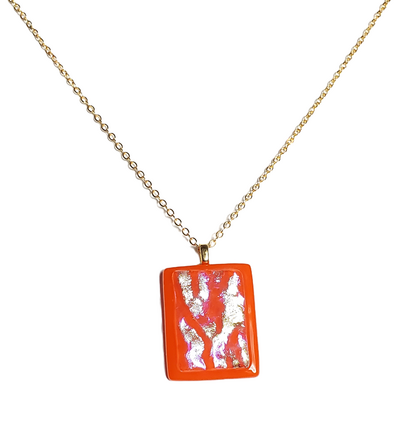 Dichroic Iridescent Shimmer on Orange Fused Glass Pendant Necklace