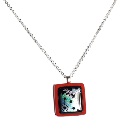 Dichroic mechanical gears on red fused glass pendant necklace - Thumbnail 2