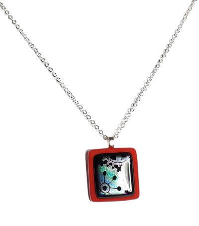 Dichroic Mechanical Gears on Red Fused Glass Pendant Necklace