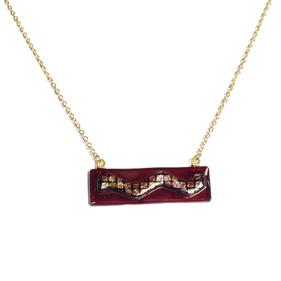 Dichroic plaid red wave on dark red fused glass bar necklace - Thumbnail 1