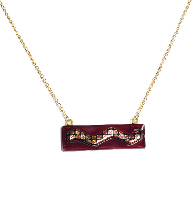 Dichroic Plaid Red Wave on Dark Red Fused Glass Bar Necklace
