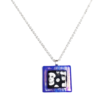 Silver dichroic skulls on iridescent blue fused glass pendant necklace - Thumbnail 1