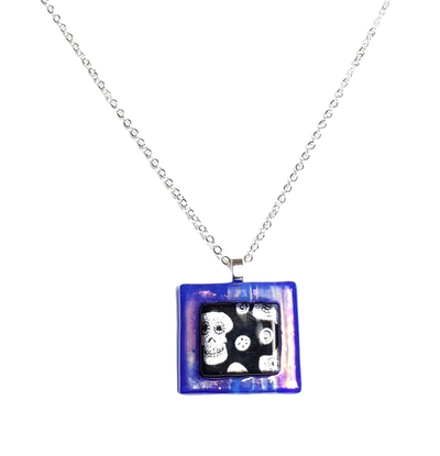 Silver Dichroic Skulls on Iridescent Blue Fused Glass Pendant Necklace