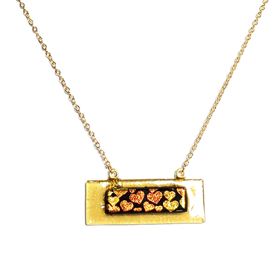 Dichroic hearts on amber fused glass bar necklace