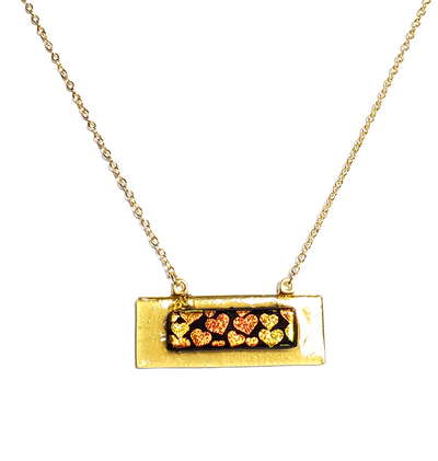 Dichroic Hearts on Amber Fused Glass Bar Necklace