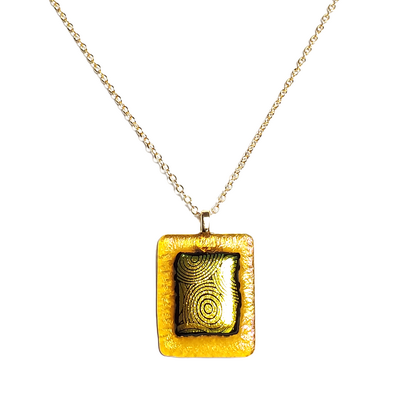 Dichroic Yellow Circles on Iridescent  Amber Fused Glass Pendant Necklace