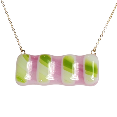 Green stripes on pink fused glass necklace