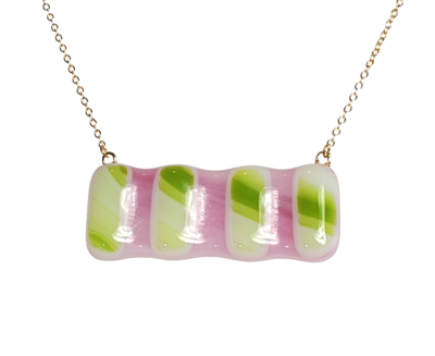 Green Stripes on Pink Fused Glass Necklace