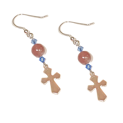 Lepidolite, blue crystal and cross earrings with sterling silver hooks