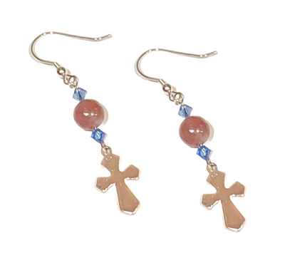 Lepidolite, Blue Crystal and Cross Earrings with Sterling Silver Hooks
