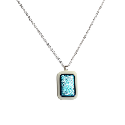 Dichroic blue on milky white fused glass pendant necklace