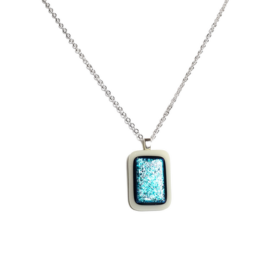 Dichroic Blue on Milky White Fused Glass Pendant Necklace