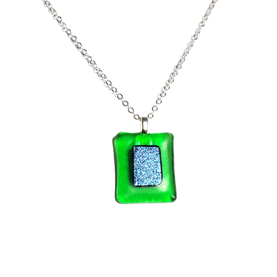Dichroic blue on transparent green fused glass pendant necklace