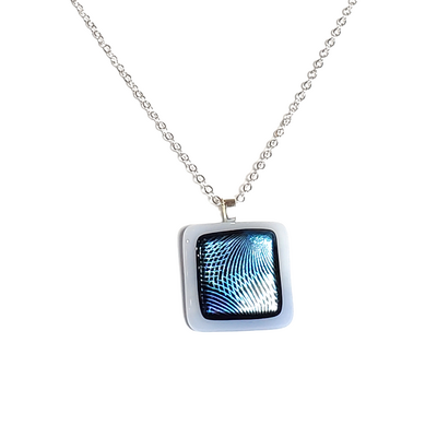 Dichroic blue geometric on white fused glass pendant necklace