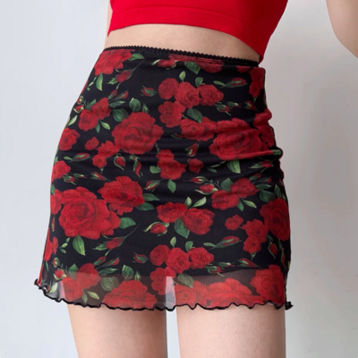 Vintage Rose Print Mesh Skirt