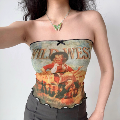 Short printed tube top for women with flat collar and chest wrap vest