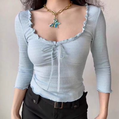 Ballet style bow low-cut round neck waffle t-shirt