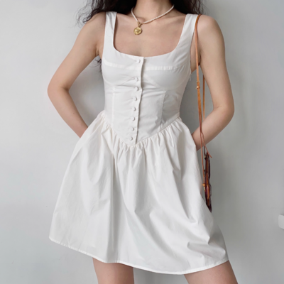 Retro palace style white bud pocket buttoned square collar sleeveless a-line dress - Thumbnail 3