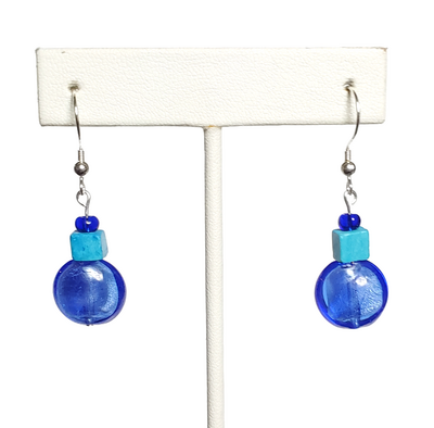 Blue Iridescent Glass and Magnesite Earrings with Sterling Silver Hooks