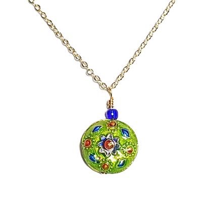 Green cloisonne necklace with blue and red accents