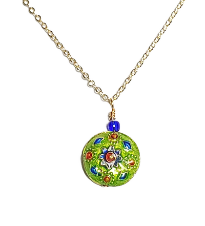 Green Cloisonne Necklace with Blue and Red Accents
