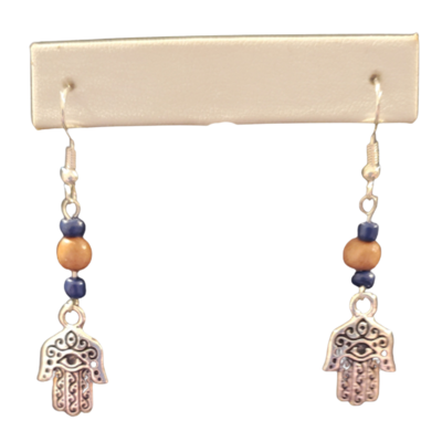 Blue and tan hand of hamsa earrings