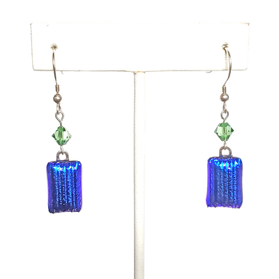 Dichroic blue and green crystal earrings on sterling silver hooks