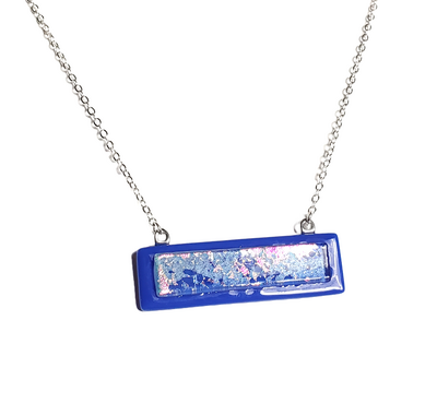 Dichroic Pink Splatter on Blue Fused Glass Bar Necklace