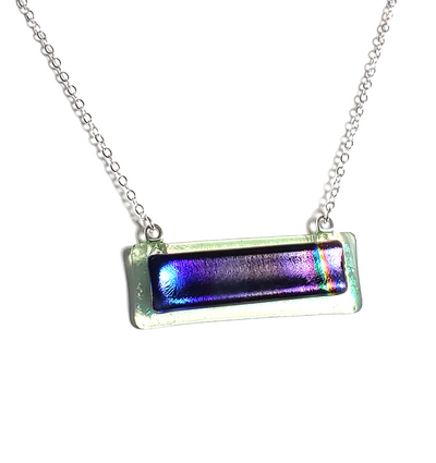 Dichroic Deep Purple Rainbow on Transparent Green Fused Glass Bar Necklace