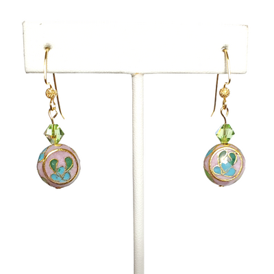 Purple cloisonne and green crystal earrings