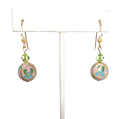 Purple Cloisonne and Green Crystal Earrings
