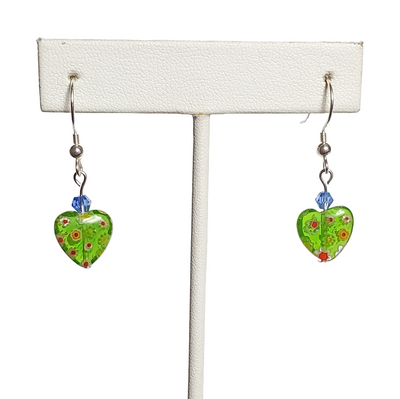 Green Flower Heart Earrings with Sterling Silver Hooks